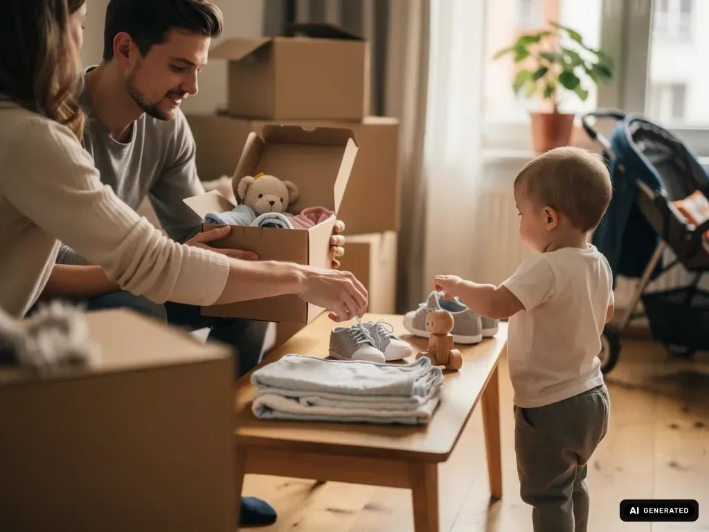 Eltern packen mit Kleinkind Babykleidung und Spielzeug in Kartons; im Wohnzimmer stehen Umzugskisten und Kinderwagen. (mit KI erstellt)