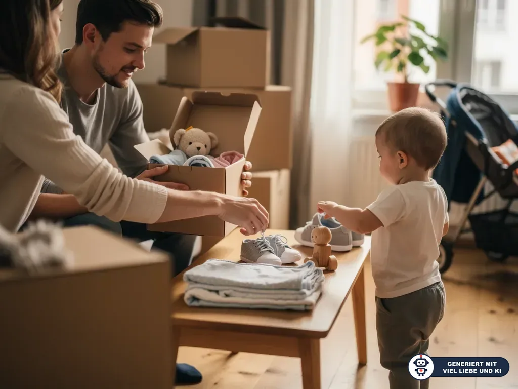Eltern packen mit Kleinkind Babykleidung und Spielzeug in Kartons; im Wohnzimmer stehen Umzugskisten und Kinderwagen. (mit KI erstellt)