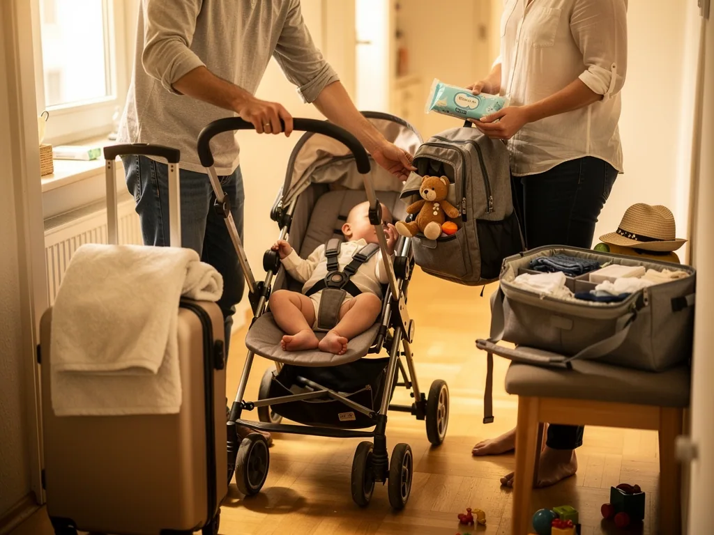 Eltern packen Tasche und Kinderwagen für einen Urlaubstag, während ein Baby angeschnallt im Buggy liegt.