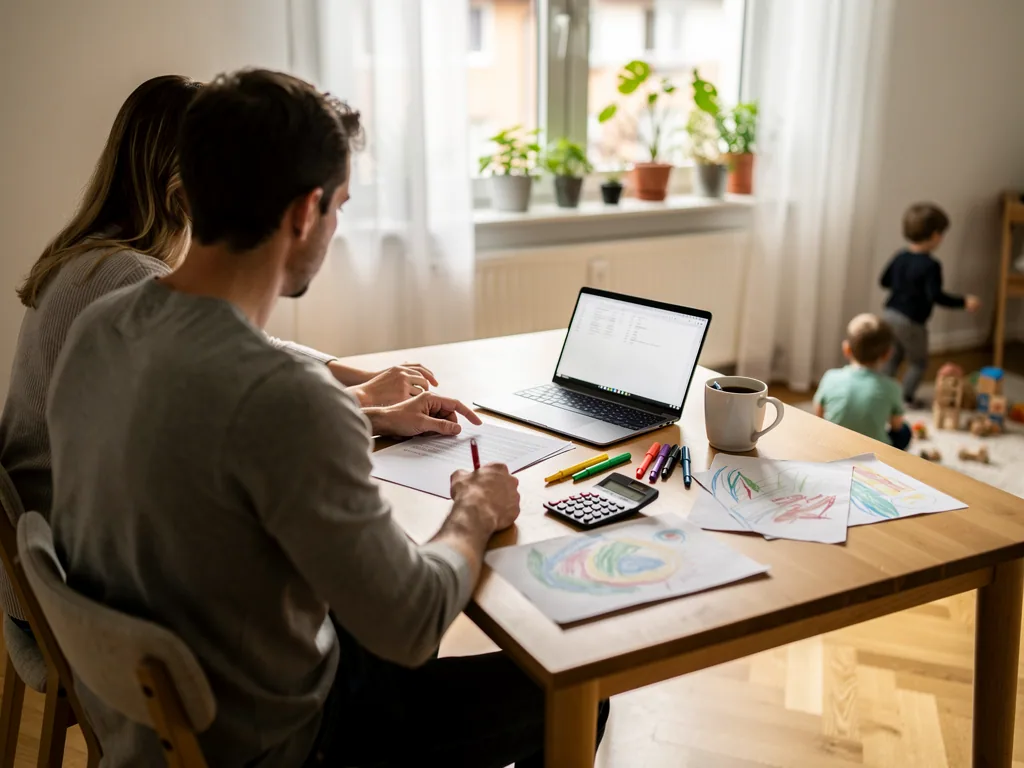 Eltern prüfen am Esstisch Unterlagen und Laptop, während zwei Kinder im Wohnzimmer spielen.