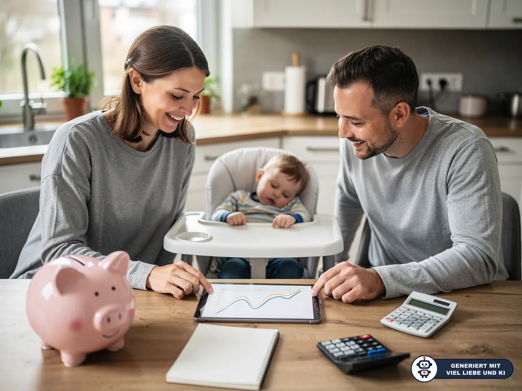 Eltern prüfen am Küchentisch eine Finanzgrafik auf dem Tablet, daneben Baby, Sparschwein und Taschenrechner. (mit KI erstellt)