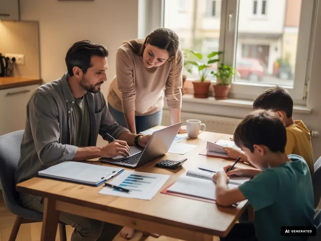 Eltern prüfen am Küchentisch Finanzunterlagen und Laptop, während zwei Kinder Hausaufgaben machen. (mit KI erstellt)