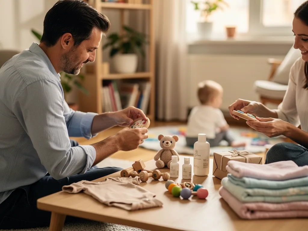 Eltern prüfen Babygeschenke wie Holzspielzeug, Kleidung und Pflegeprodukte, während ein Baby im Wohnzimmer spielt.