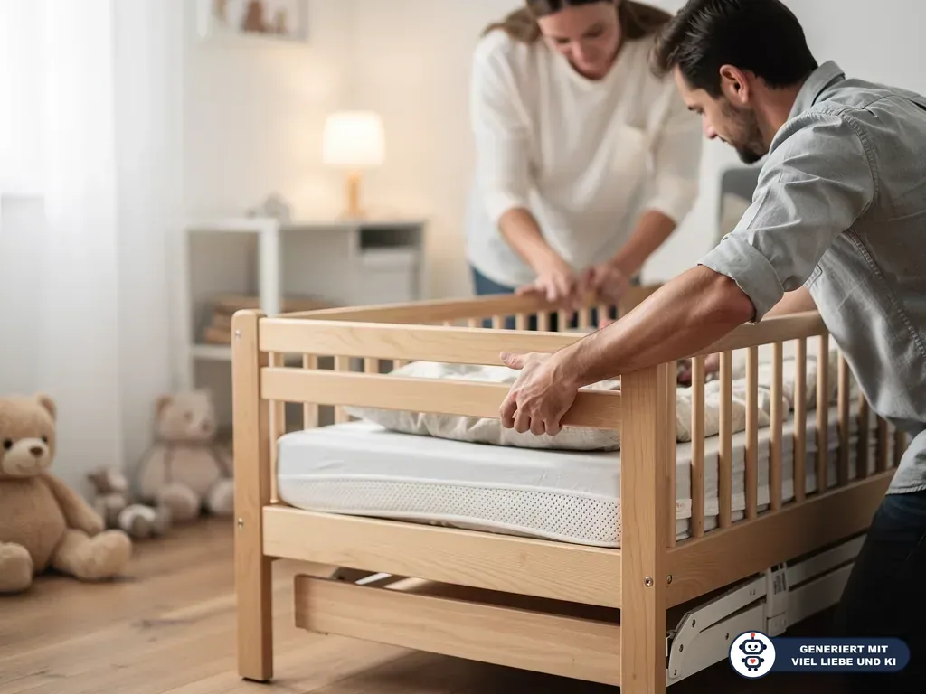 Eltern prüfen ein helles Kinderbett mit Gitterstäben und Matratze im Kinderzimmer. (mit KI erstellt)