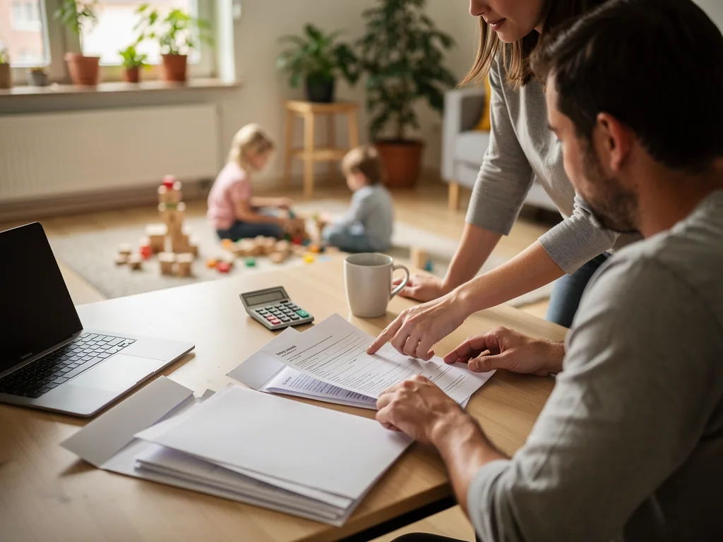 Eltern prüfen Formulare und Taschenrechner am Tisch, während zwei Kinder im Wohnzimmer spielen.