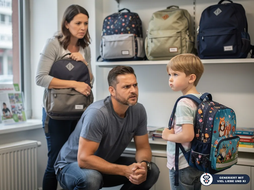 Eltern prüfen im Geschäft Schulranzen, während ein Junge einen bunten Rucksack auf dem Rücken trägt. (mit KI erstellt)