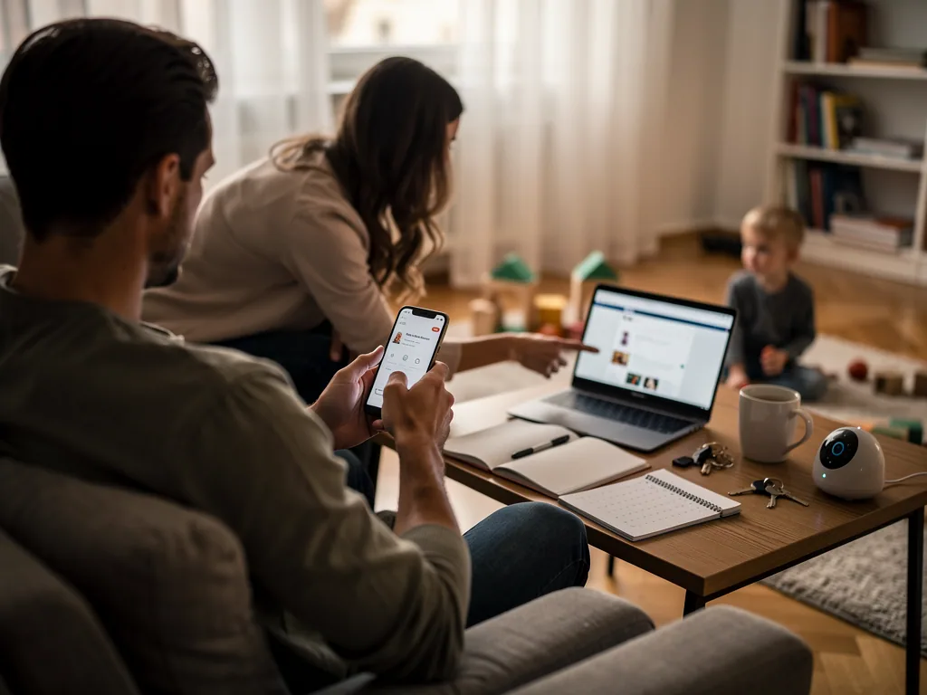 Eltern prüfen Smartphone und Laptop, während ihr Kind im Wohnzimmer spielt; Notizbuch und Babyphone liegen auf dem Tisch.