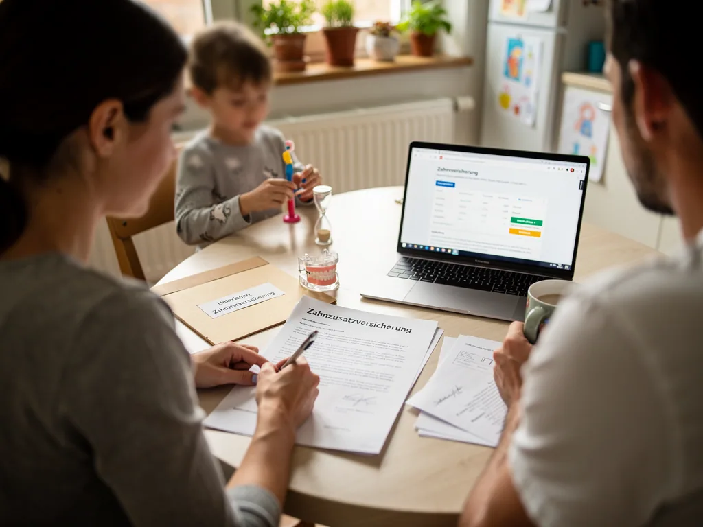 Eltern prüfen Zahnzusatzversicherung am Laptop, während ihr Kind mit Zahnbürste am Küchentisch sitzt.