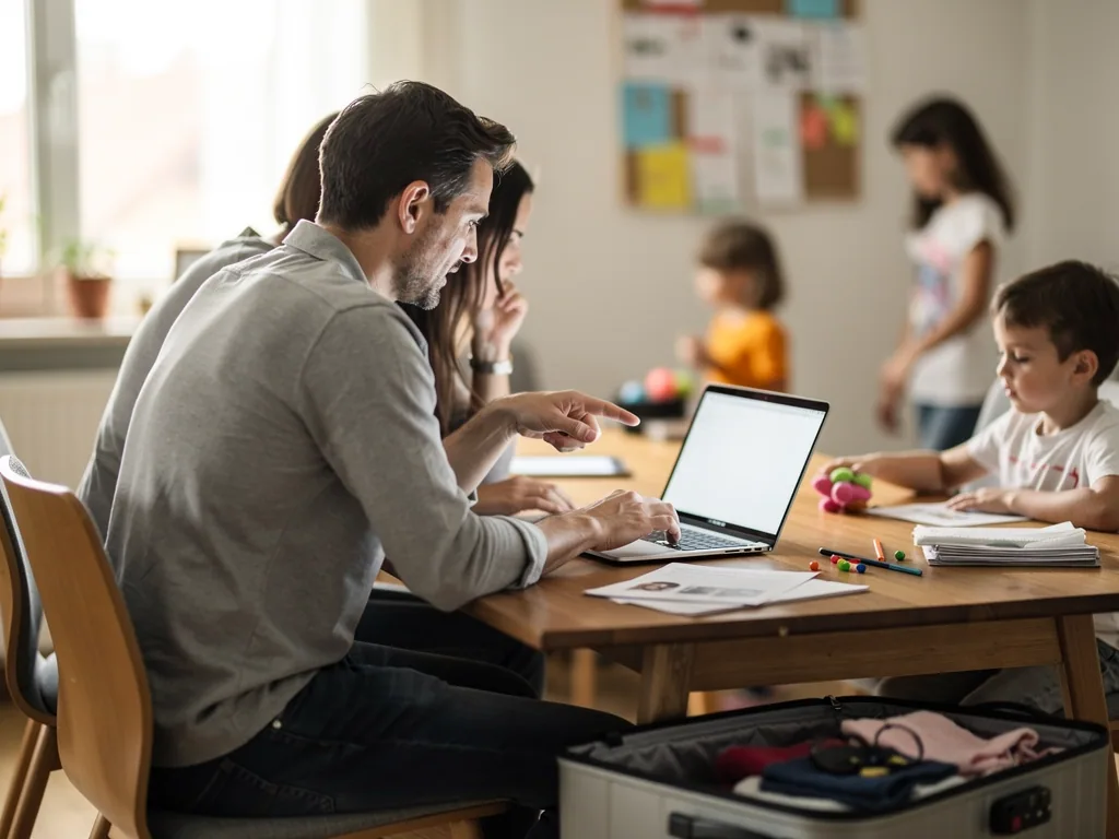 Eltern recherchieren am Laptop, während Kinder am Tisch spielen und ein offener Koffer im Vordergrund liegt.