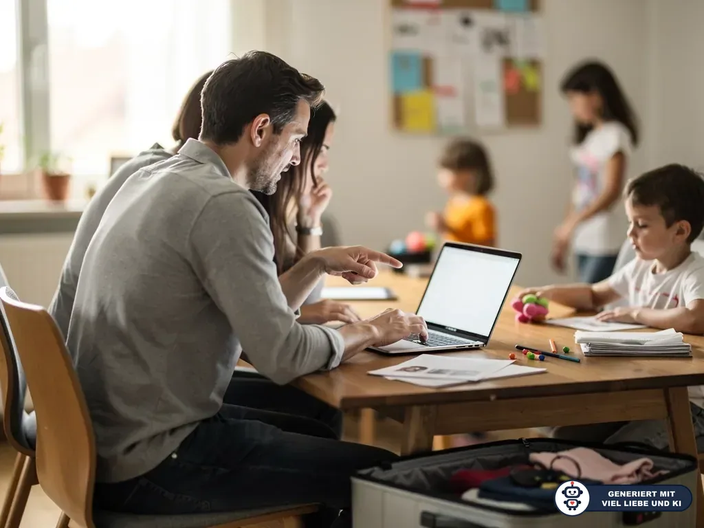 Eltern recherchieren am Laptop, während Kinder am Tisch spielen und ein offener Koffer im Vordergrund liegt. (mit KI erstellt)