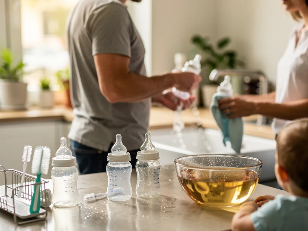 Eltern reinigen Babyflaschen in der Küche; Flaschen, Bürsten und Schüssel mit Wasser stehen auf der Arbeitsplatte.