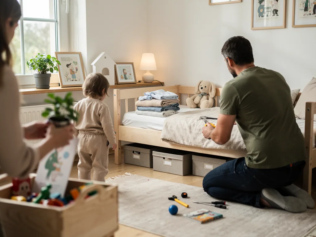 Eltern richten ein Kinderzimmer mit niedrigem Bett, Stauboxen und Pflanzen ein, während ein Kleinkind danebensteht.