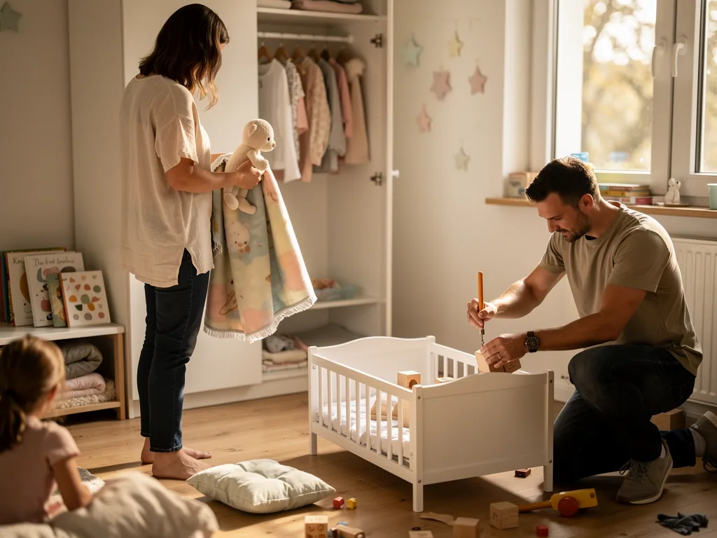 Eltern richten ein Kinderzimmer mit weißem Puppenbett, offenen Kleiderschrank, Wandsternen und warmem Licht ein.