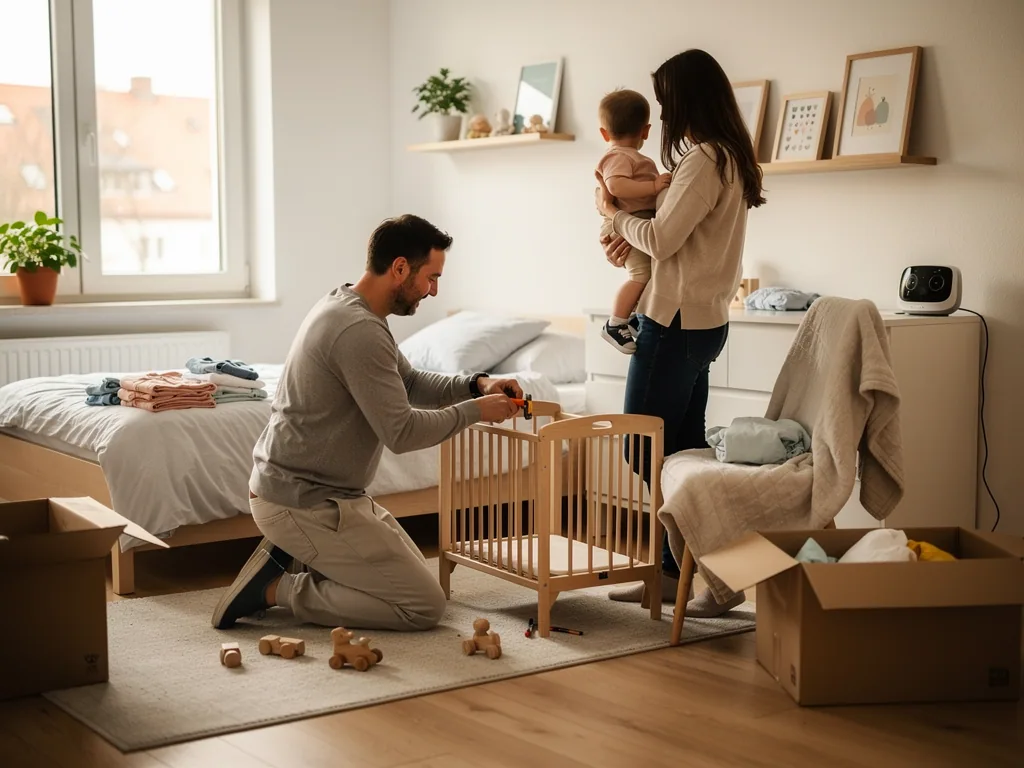 Eltern richten ein kleines Kinderzimmer ein; Vater baut ein Kinderbett auf, Mutter hält Kleinkind im hellen Raum.