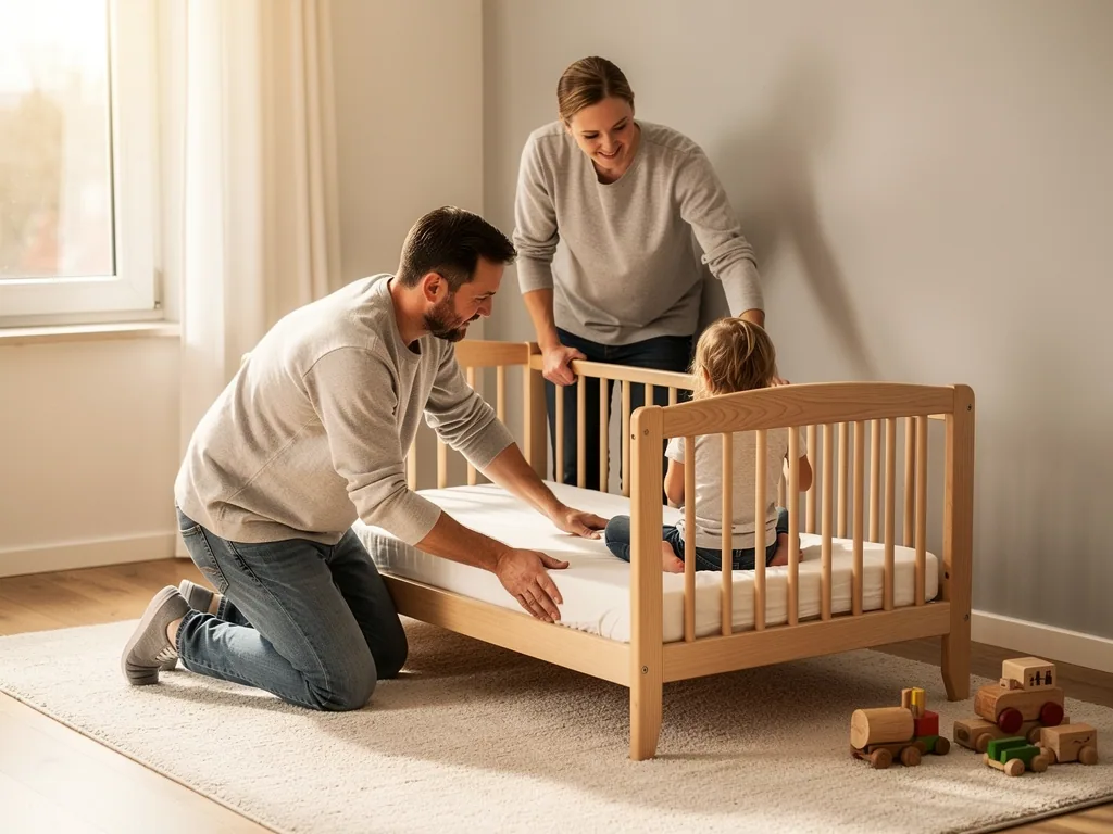 Eltern richten ein niedriges Kinderbett ein, während ein Kleinkind auf der Matratze sitzt.