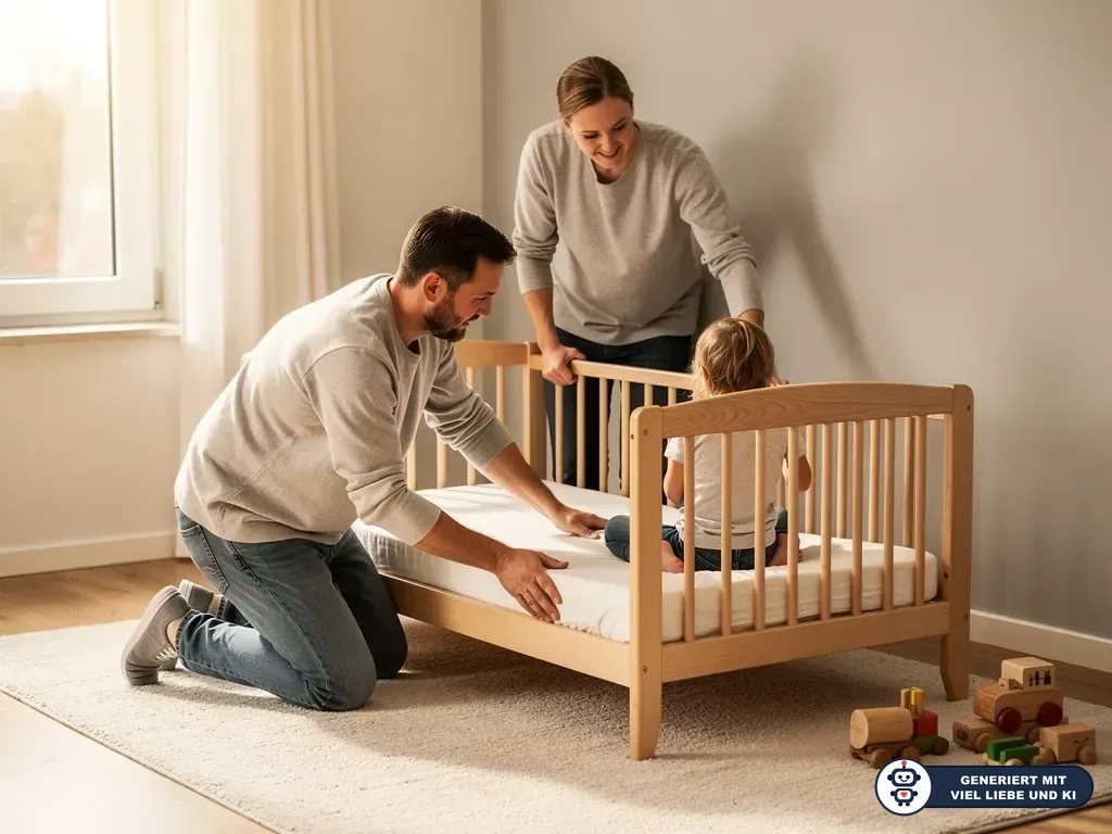 Eltern richten ein niedriges Kinderbett ein, während ein Kleinkind auf der Matratze sitzt. (mit KI erstellt)