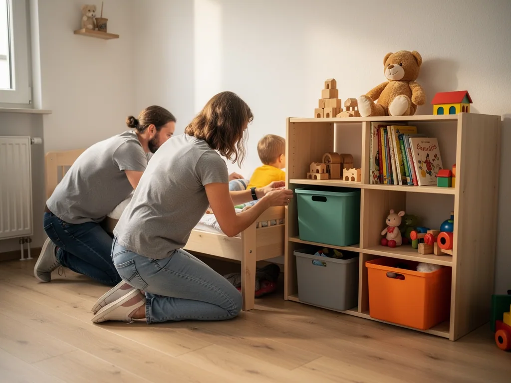 Eltern richten im Kinderzimmer ein Kleinkindbett neben einem niedrigen Regal mit Spielzeug und Boxen ein.