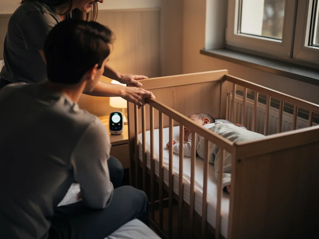 Eltern schauen auf ein Baby im Gitterbett; daneben steht ein Babyphone auf dem Nachttisch.