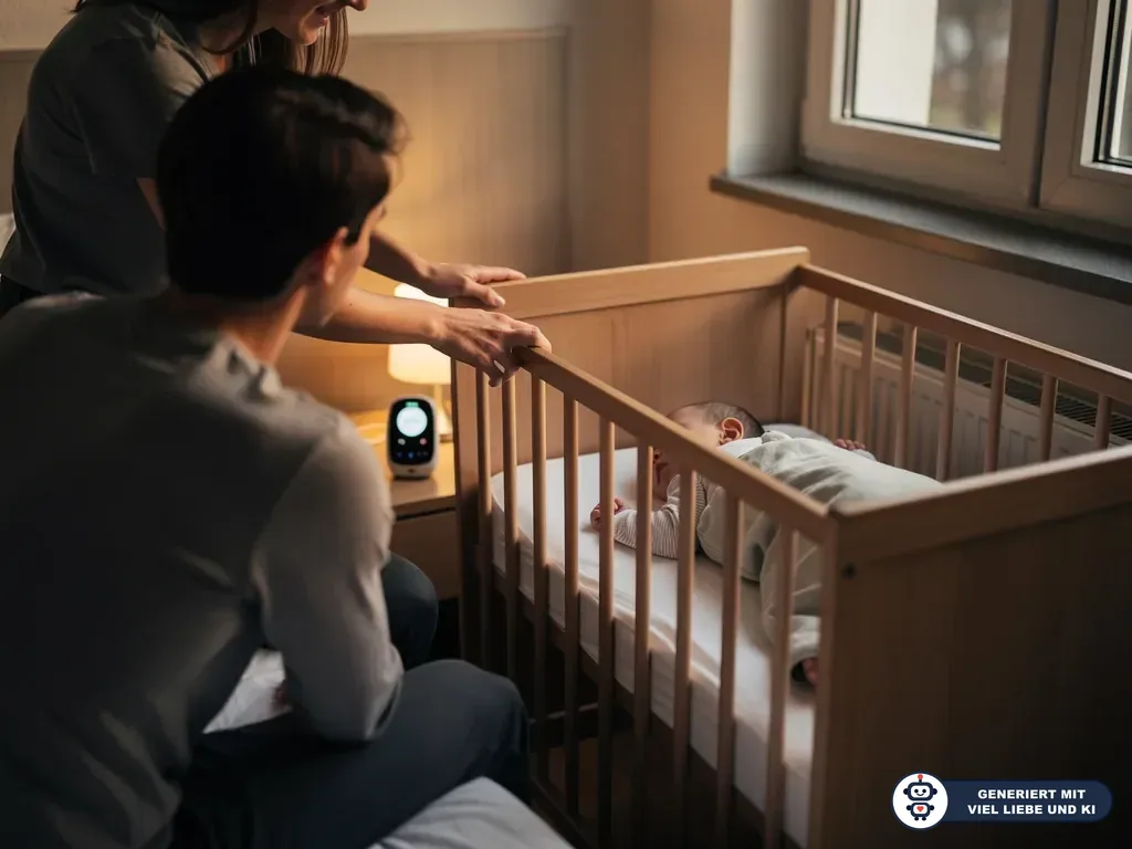 Eltern schauen auf ein Baby im Gitterbett; daneben steht ein Babyphone auf dem Nachttisch. (mit KI erstellt)