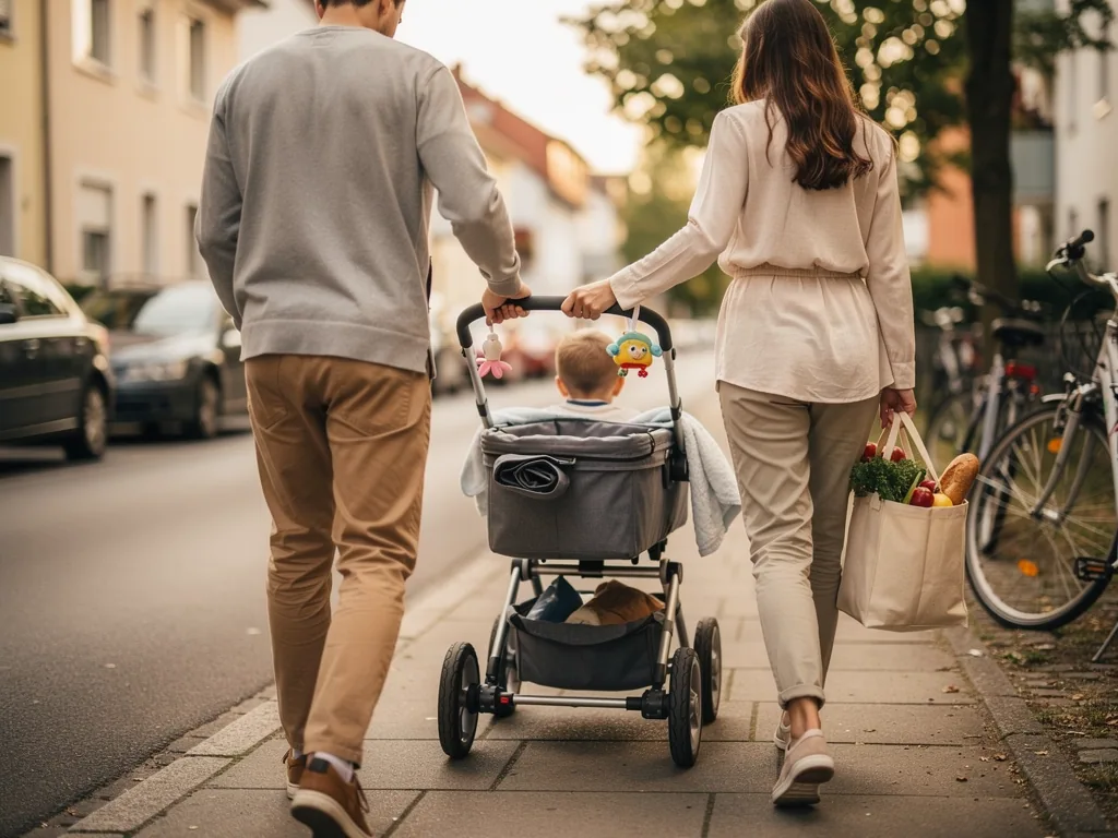 Eltern schieben einen Buggy mit Kind auf dem Gehweg, daneben Straße, parkende Autos und Fahrräder.