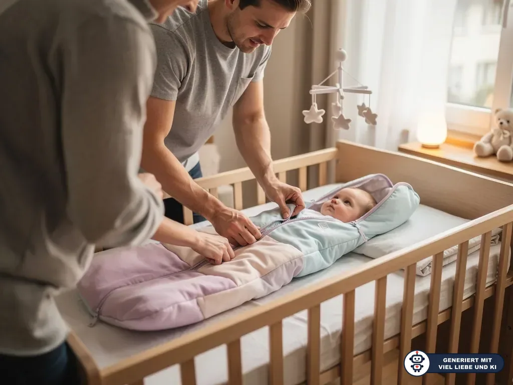 Eltern schließen einem Baby im Gitterbett den Reißverschluss eines pastellfarbenen Babyschlafsacks. (mit KI erstellt)