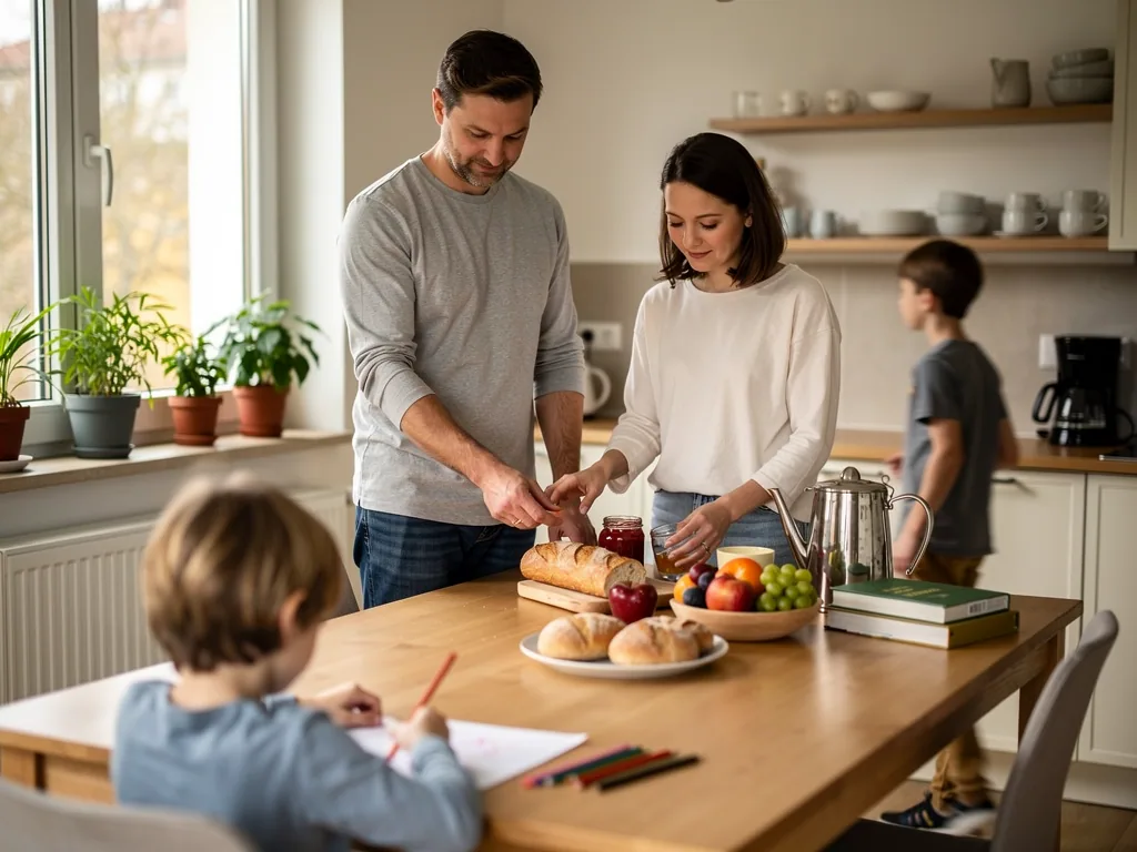 Eltern schneiden Brot in der Küche, während zwei Kinder am Tisch malen und im Hintergrund stehen.