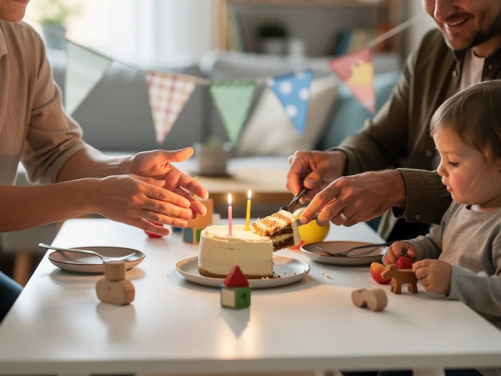 Eltern schneiden Kuchen mit zwei Kerzen an, Kleinkind sitzt am Geburtstagstisch mit Spielzeug und Wimpelkette.