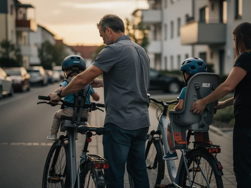 Eltern sichern zwei Kinder mit Helmen in Fahrradkindersitzen vorne und hinten am Straßenrand.