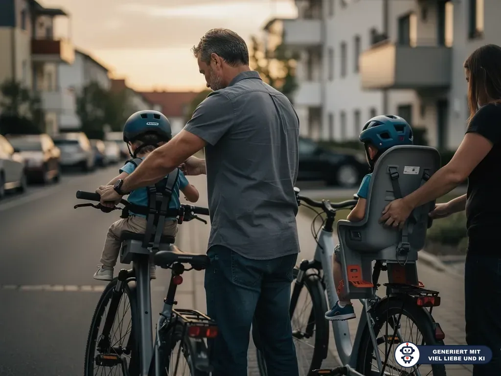 Eltern sichern zwei Kinder mit Helmen in Fahrradkindersitzen vorne und hinten am Straßenrand. (mit KI erstellt)