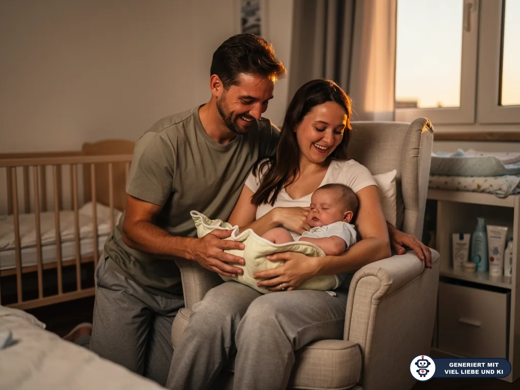 Eltern sitzen abends im Babyzimmer; die Mutter hält ein schlafendes Baby im Sessel, der Vater lächelt daneben. (mit KI erstellt)