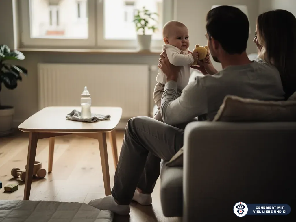 Eltern sitzen auf dem Sofa und halten ihr Baby, das ein kleines Stofftier greift; auf dem Tisch steht eine Babyflasche. (mit KI erstellt)