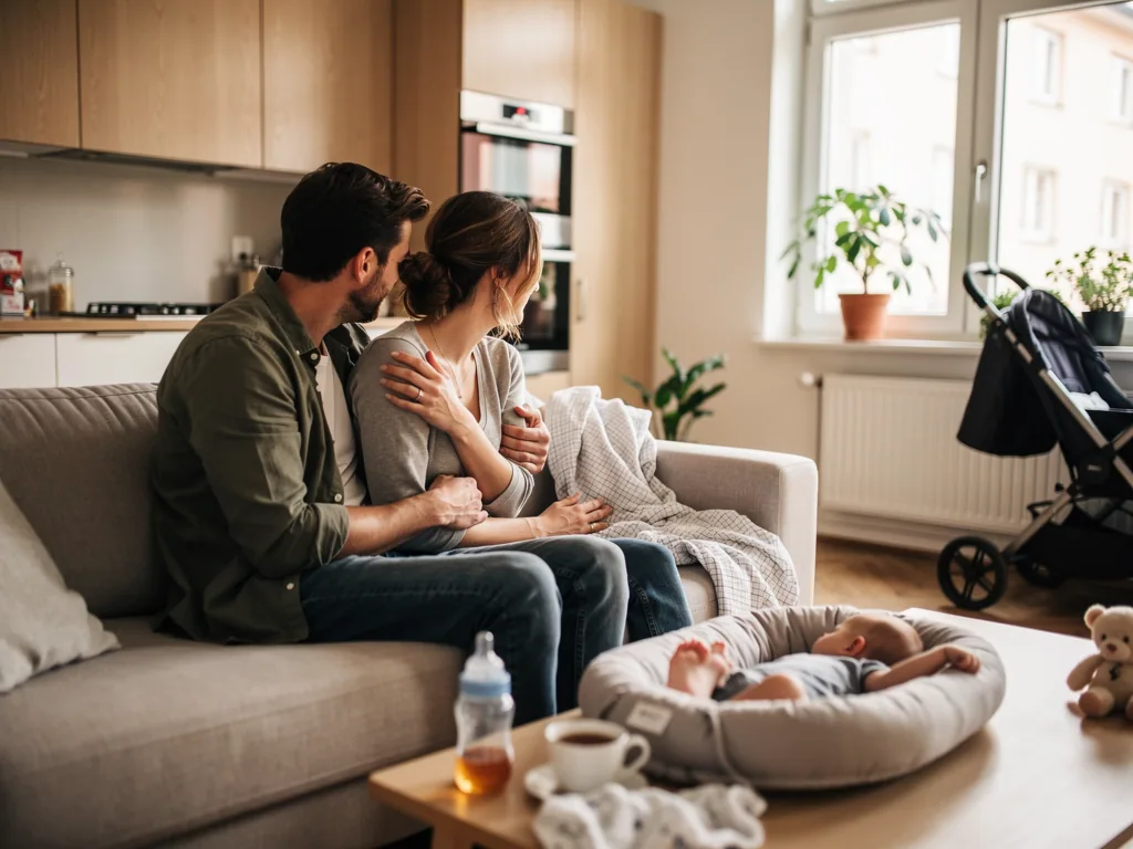 Eltern sitzen auf dem Sofa und schauen zu ihrem Baby, das in einer Babyliege auf dem Couchtisch liegt.