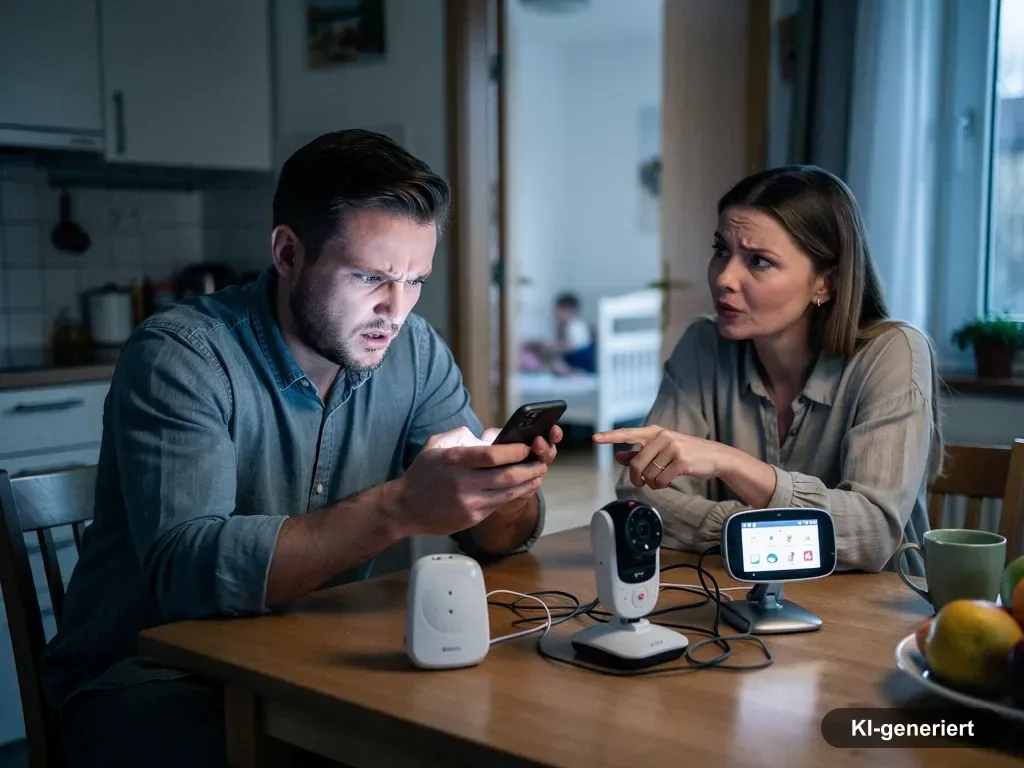 Eltern sitzen besorgt am Küchentisch mit mehreren Babyphones und Smartphone, im Hintergrund liegt ein Baby im Bett. (mit KI erstellt)