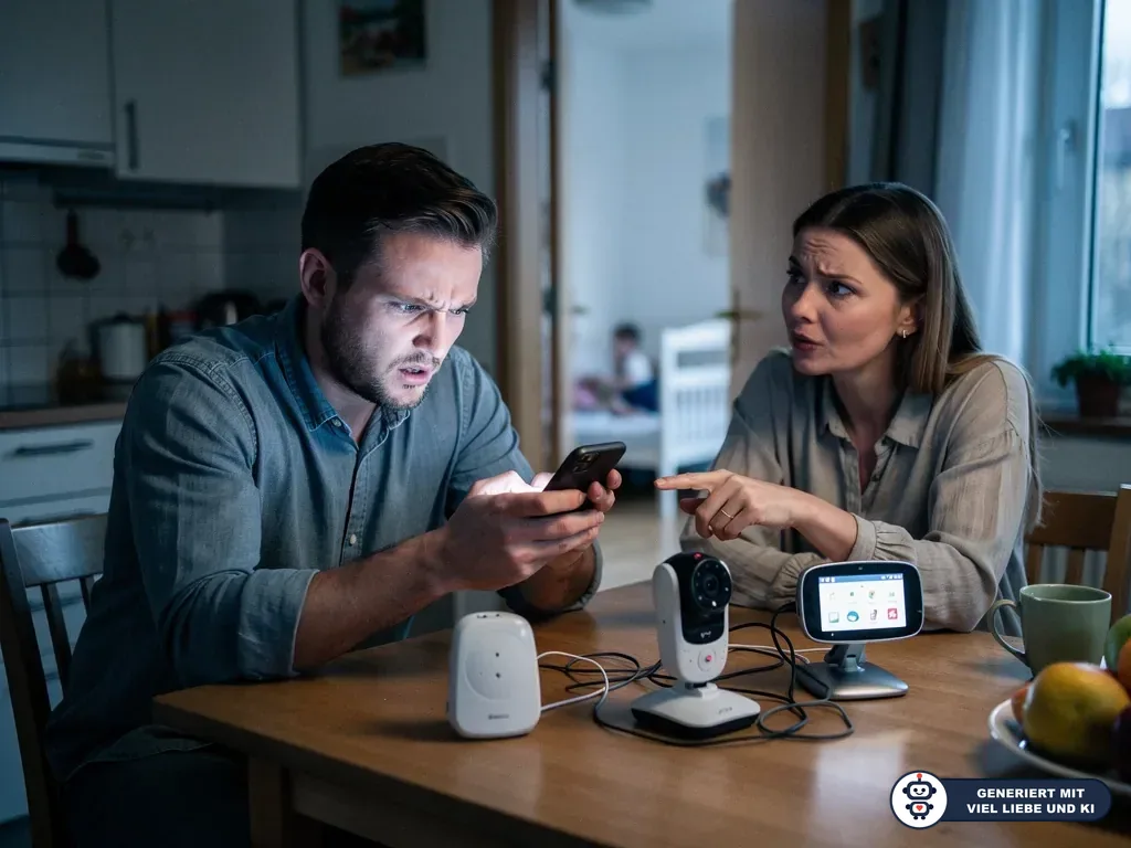 Eltern sitzen besorgt am Küchentisch mit mehreren Babyphones und Smartphone, im Hintergrund liegt ein Baby im Bett. (mit KI erstellt)