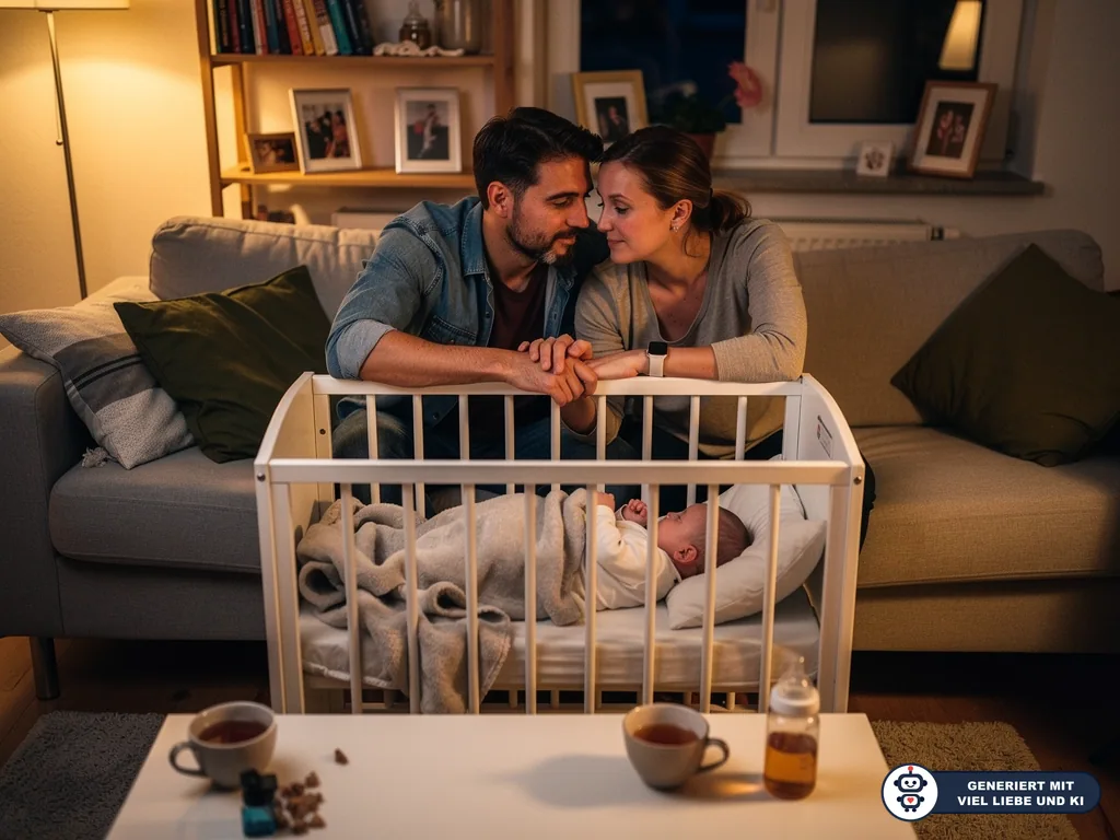 Eltern sitzen eng am Babybett im Wohnzimmer und halten Händchen, während ihr Neugeborenes schläft. (mit KI erstellt)