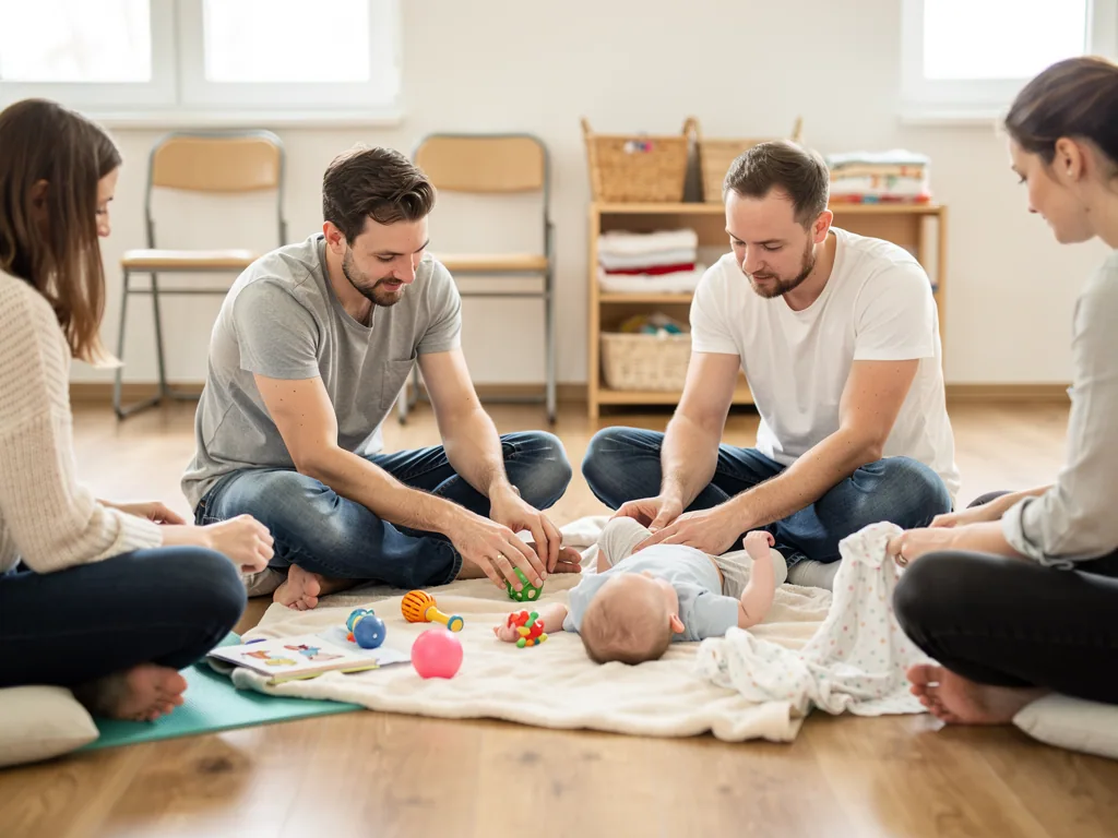 Eltern sitzen im Babykurs auf dem Boden um ein Baby, mit Decke, Spielzeug und Wickelutensilien.