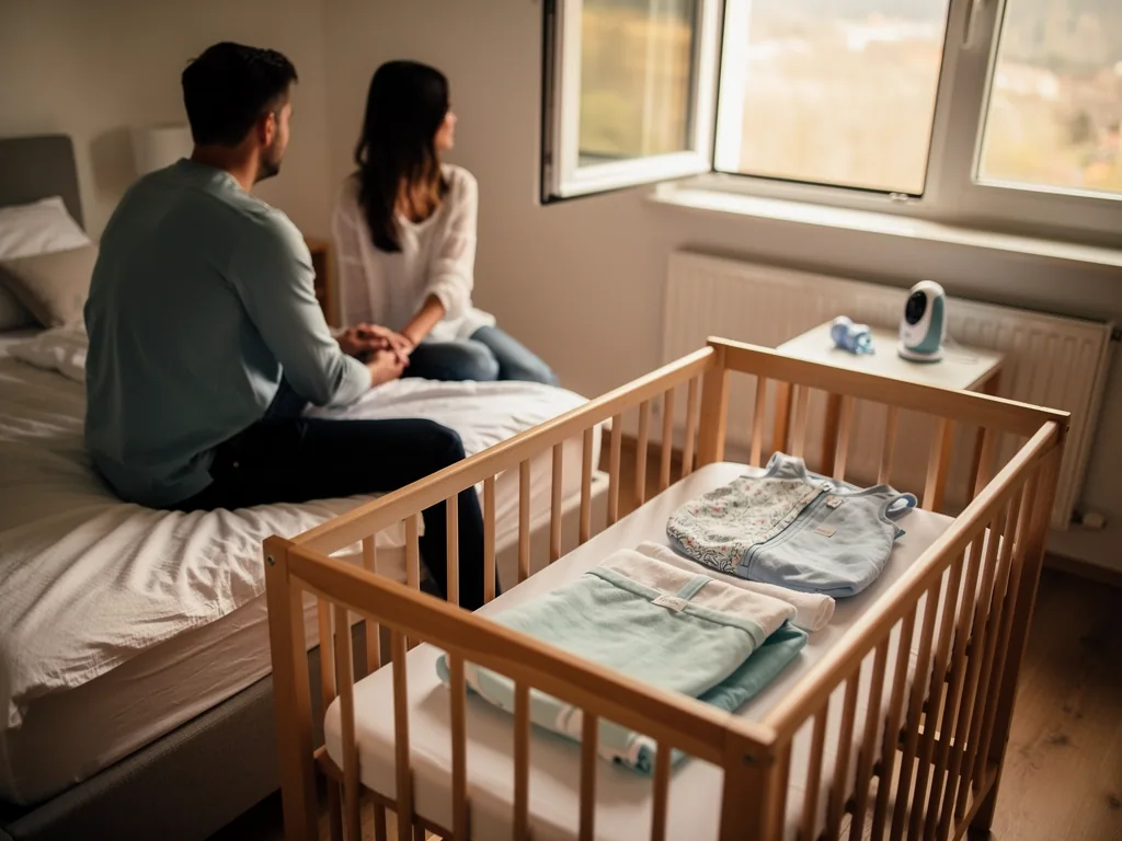 Eltern sitzen im Schlafzimmer neben einem Babybett mit Kleidung; auf dem Tisch steht ein Babyphone am offenen Fenster.