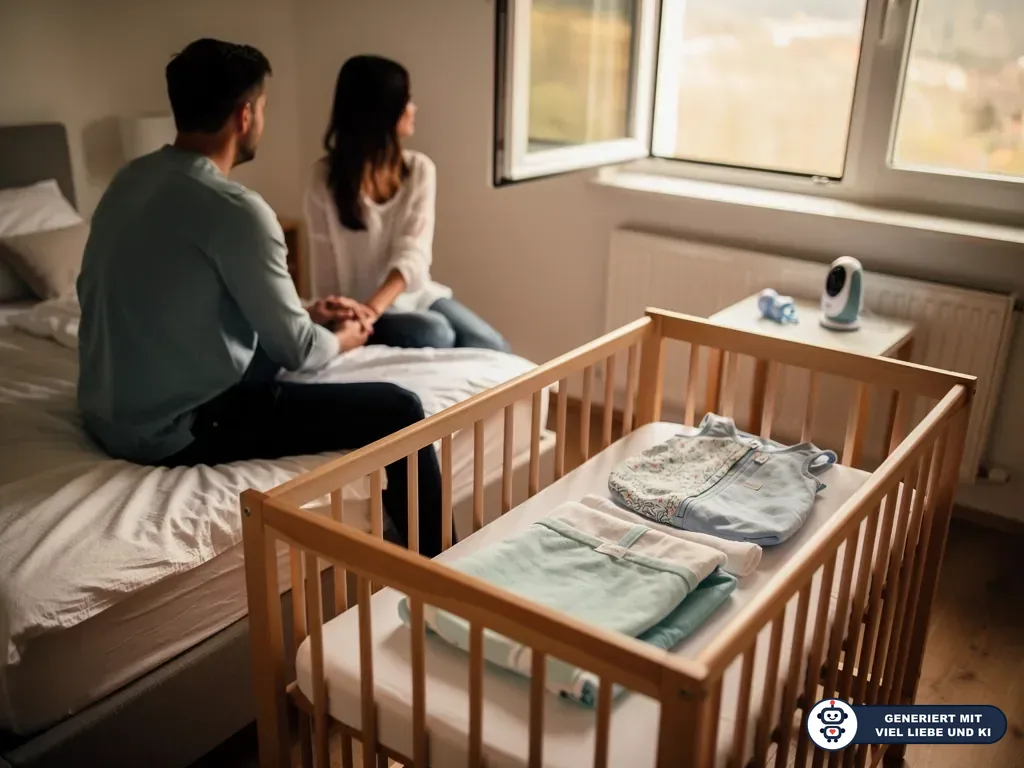 Eltern sitzen im Schlafzimmer neben einem Babybett mit Kleidung; auf dem Tisch steht ein Babyphone am offenen Fenster. (mit KI erstellt)