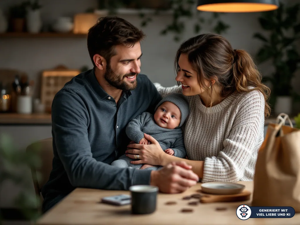 Eltern sitzen mit Baby am Küchentisch; daneben liegen Münzen, Tasse und Einkaufstüte. (mit KI erstellt)