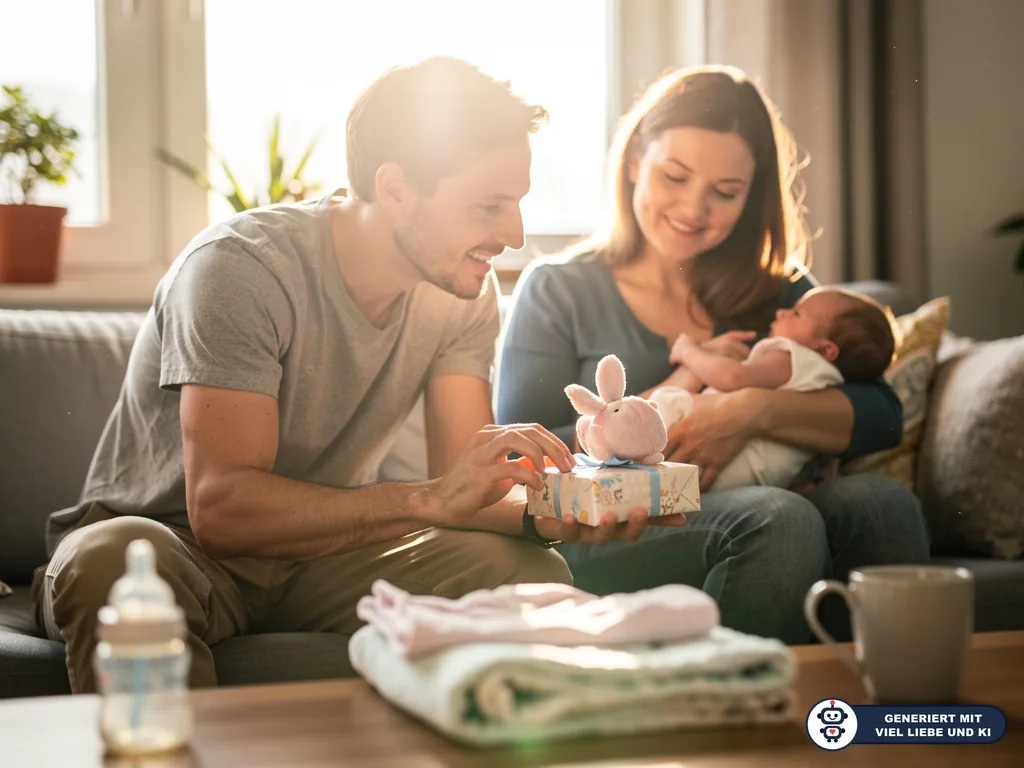Eltern sitzen mit Baby auf dem Sofa; der Vater öffnet ein Geschenk mit rosa Kuschelhase. (mit KI erstellt)