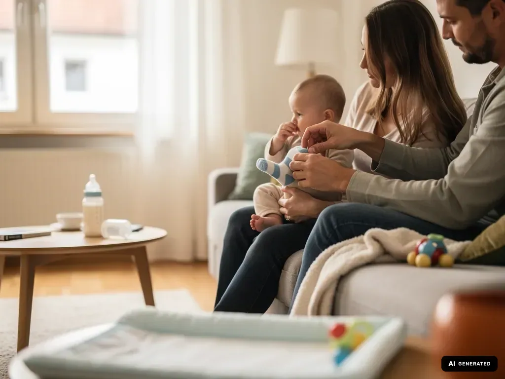 Eltern sitzen mit Baby auf dem Sofa, der Vater zieht dem Jungen blau-weiße Socken an. (mit KI erstellt)