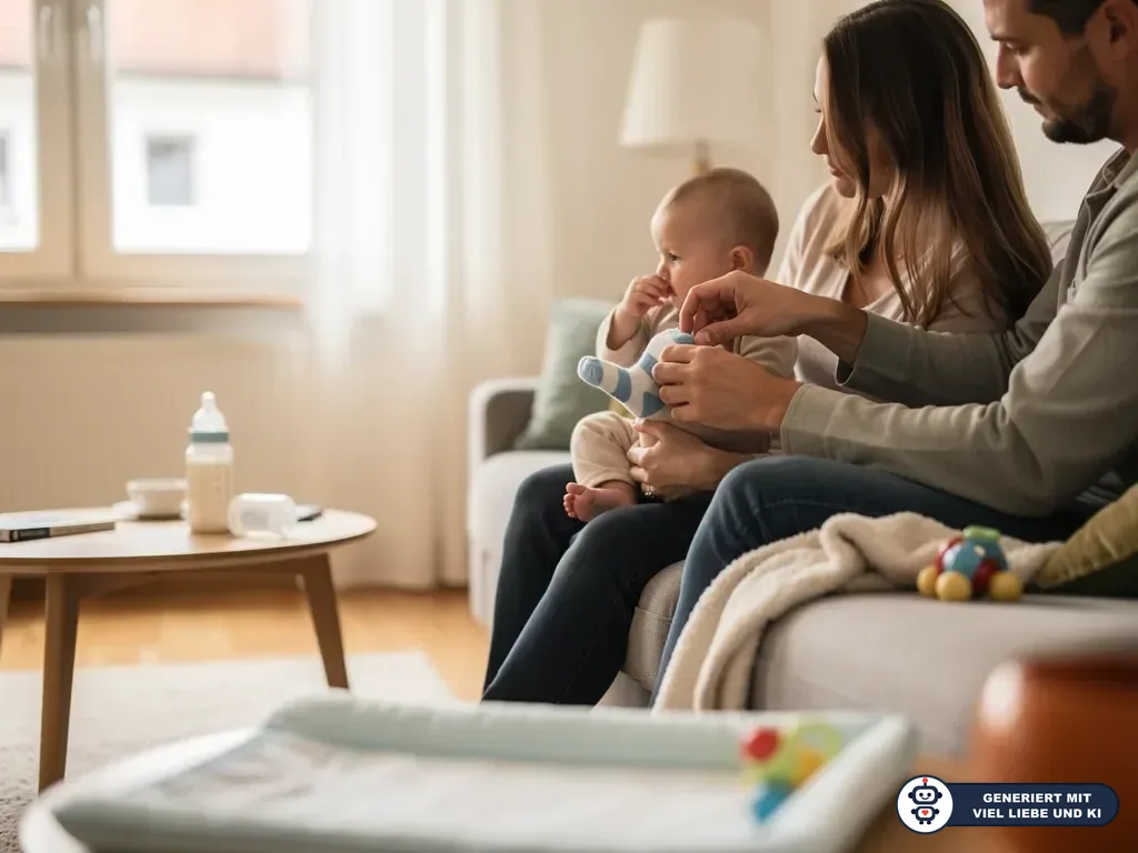 Eltern sitzen mit Baby auf dem Sofa, der Vater zieht dem Jungen blau-weiße Socken an. (mit KI erstellt)