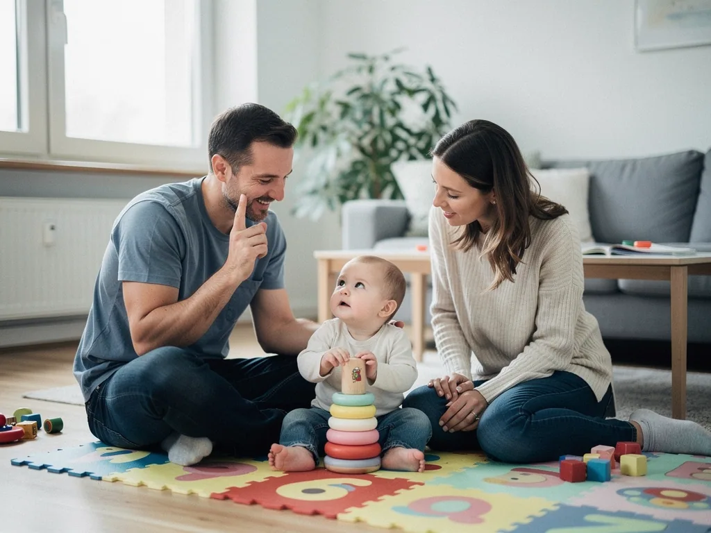 Eltern sitzen mit Baby auf Spielmatte; das Baby stapelt Ringe, der Vater hebt lächelnd den Zeigefinger.