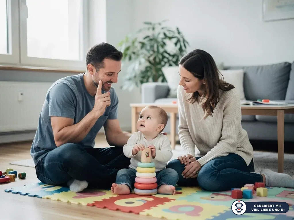 Eltern sitzen mit Baby auf Spielmatte; das Baby stapelt Ringe, der Vater hebt lächelnd den Zeigefinger. (mit KI erstellt)