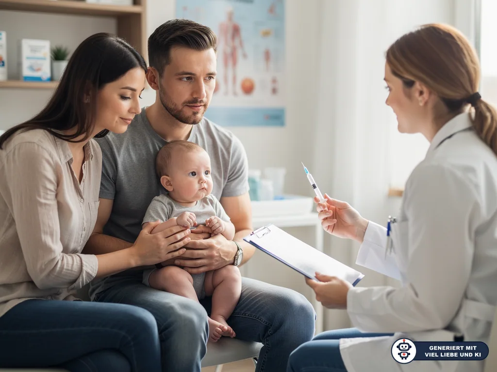 Eltern sitzen mit Baby bei einer Ärztin, die eine Spritze und Unterlagen zur Impfung zeigt. (mit KI erstellt)