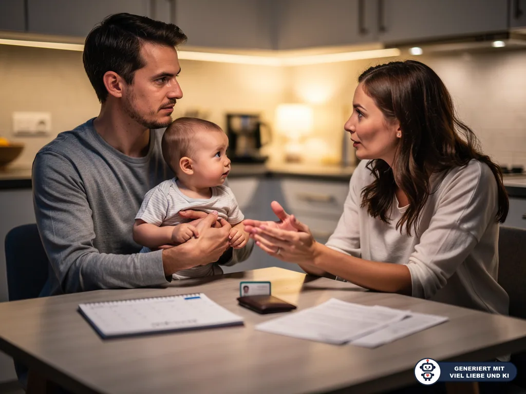 Eltern sitzen mit Baby in der Küche am Tisch und besprechen Unterlagen, Kalender und Ausweis. (mit KI erstellt)