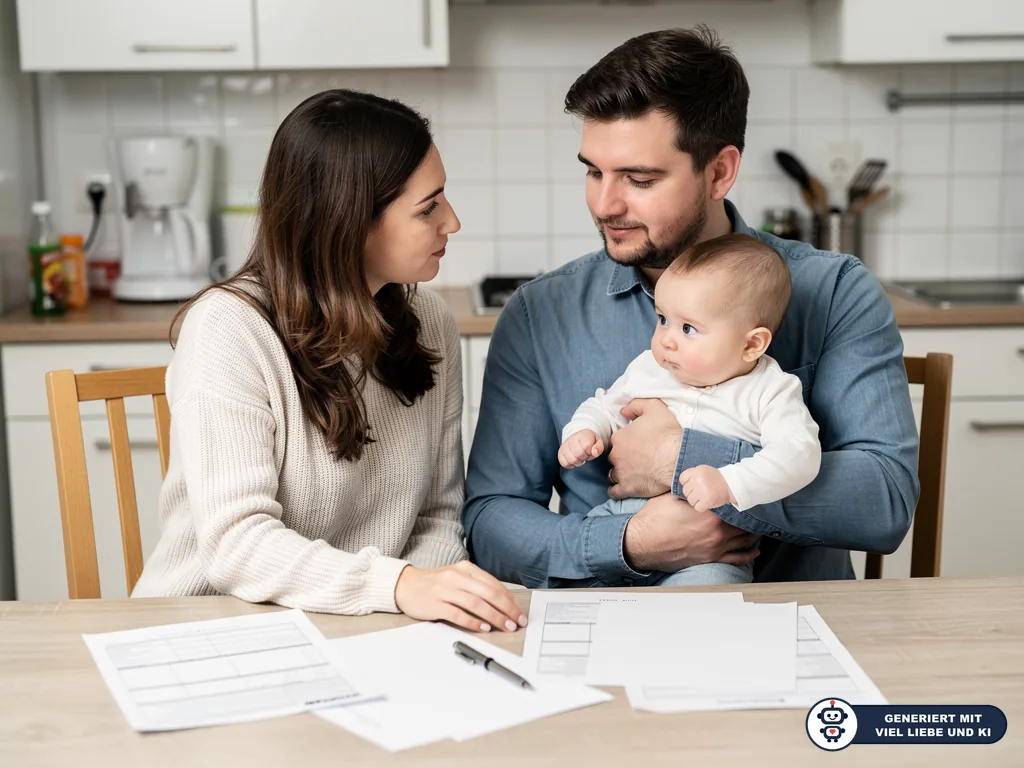 Eltern sitzen mit Baby in der Küche am Tisch vor Formularen und besprechen den Nachnamen. (mit KI erstellt)