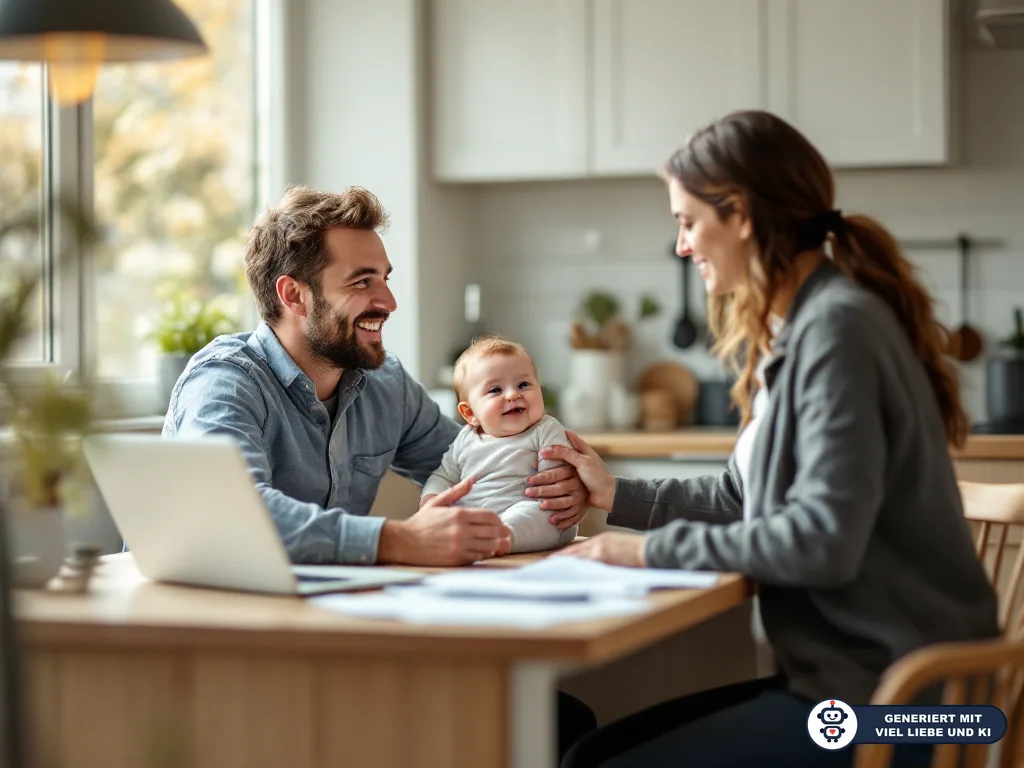 Eltern sitzen mit Baby, Laptop und Unterlagen am Küchentisch und besprechen Familien- und Arbeitsplanung. (mit KI erstellt)