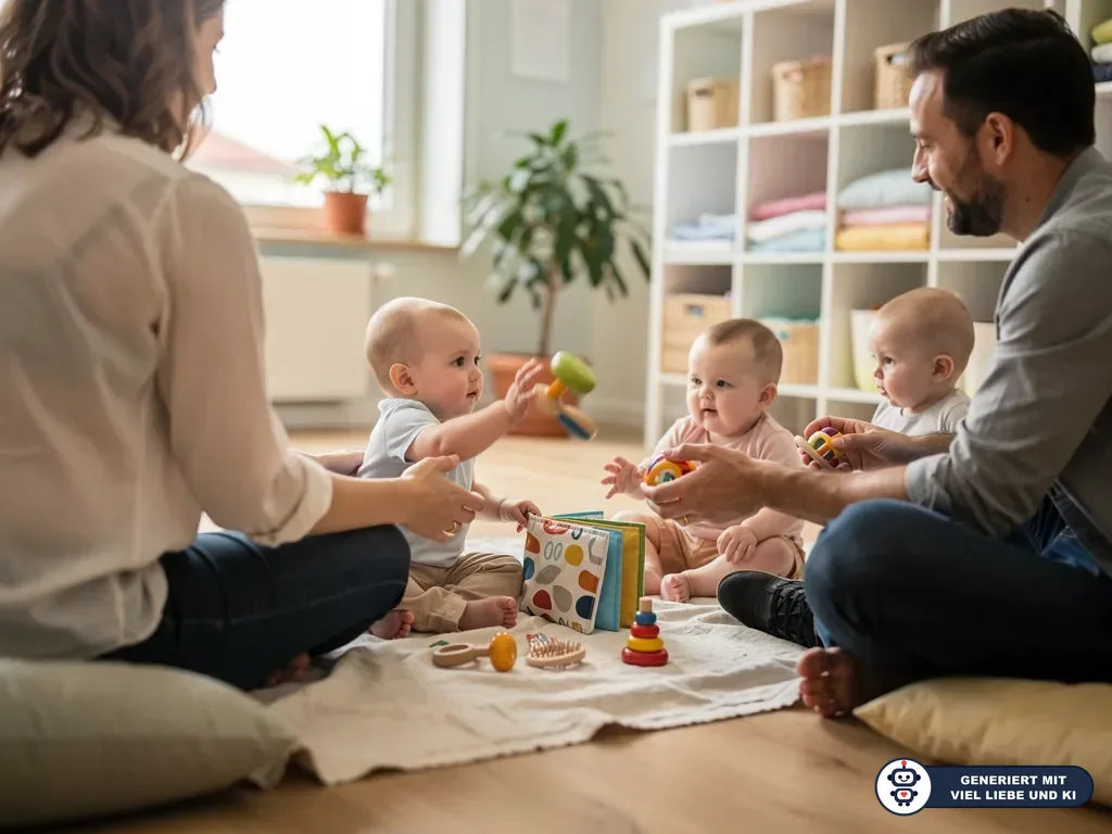 Eltern sitzen mit drei Babys auf einer Decke und spielen in einem hellen Raum mit Babyspielzeug. (mit KI erstellt)