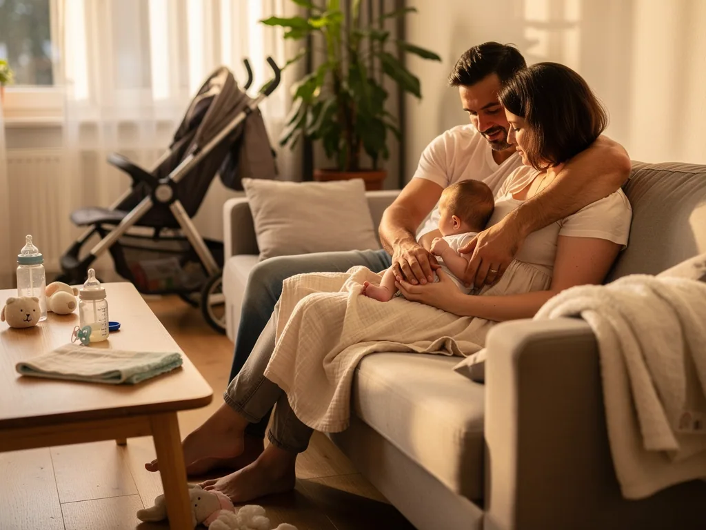 Eltern sitzen mit ihrem Baby eng umarmt auf dem Sofa; Kinderwagen, Fläschchen und Spielzeug stehen im Wohnzimmer.